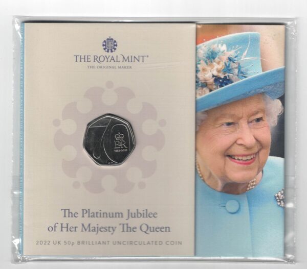 2022 Fifty Pence Platinum Jubilee cupro nickel coin featuring Queen Elizabeth II on the Obverse. The reverse has a 70 ER 1952-2022.