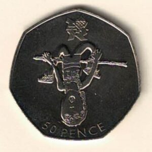 loose 2009 Fifty Pence London Olympics cupro nickel coin featuring Queen Elizabeth II on the Obverse. The child's drawing design on the Reverse.