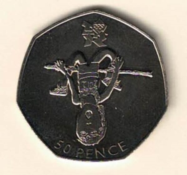 loose 2009 Fifty Pence London Olympics cupro nickel coin featuring Queen Elizabeth II on the Obverse. The child's drawing design on the Reverse.