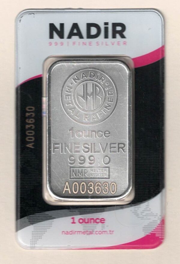 One Ounce Silver Bar Nadir Metal. All of our silver bars have been pre-owned and are in stock. This bar contains one ounce of 999 fine Silver.