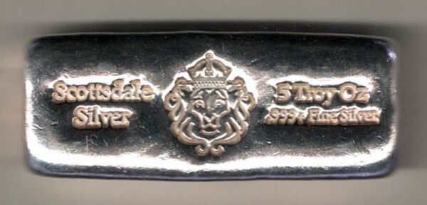 Five Ounce Silver Bar Scottsdale. This bar contains 5 ounces of 999 fine Silver. All of our silver bars have been pre-owned and are in stock.