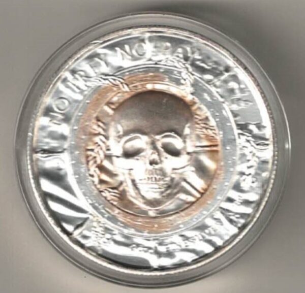 Silver Two Ounce No Prey No Pay Ship. This two ounce fine silver round has a ship in a storm on one side & skull on the other side.