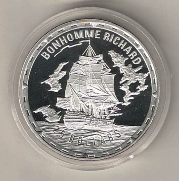 2005 Solomon Islands Silver Proof One Ounce Bonhomme Richard Sailing Ship. The coin contains one ounce of 999 fine silver.