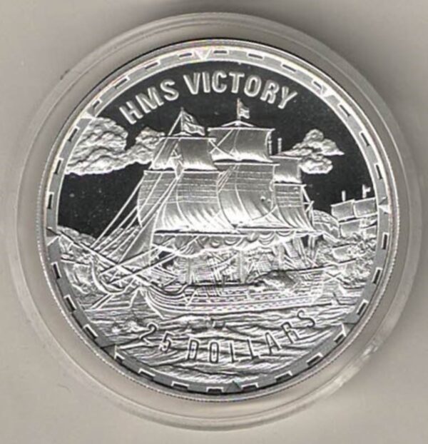 2005 Solomon Islands Silver Proof One Ounce HMS Victory Sailing Ship in Full Sail. The coin contains one ounce of 999 fine silver.