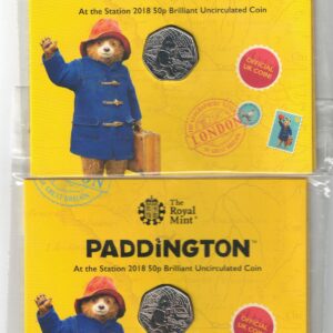 Two 2018 Fifty Pence Coins Paddington At The Station cupro nickel coin featuring Queen Elizabeth II on the Obverse. The reverse features Paddington.