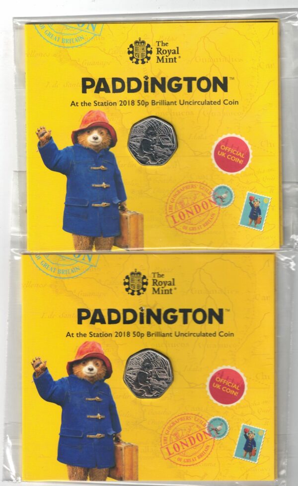 Two 2018 Fifty Pence Coins Paddington At The Station cupro nickel coin featuring Queen Elizabeth II on the Obverse. The reverse features Paddington.