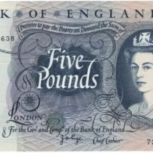 B324 First Series Five Pounds Banknote. Deep blue on multicolour underprint. Queen Elizabeth II on the obverse. The reverse Britannia.