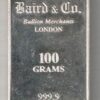 100 Gram fine silver Bar minted by Baird & Co London. All of our silver bars have been pre-owned and are in stock for despatch.