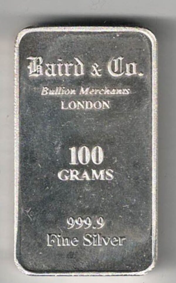 100 Gram fine silver Bar minted by Baird & Co London. All of our silver bars have been pre-owned and are in stock for despatch.