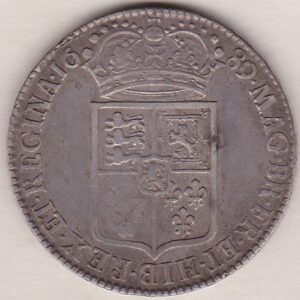 1689 Silver Halfcrown coin. The obverse features King William and Queen Mary. The reverse features the first quartered shield of arms.