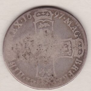 1697 Silver Halfcrown coin with King William III on the Obverse. Crowned cruciform shields around central Nassau lion on the Reverse.