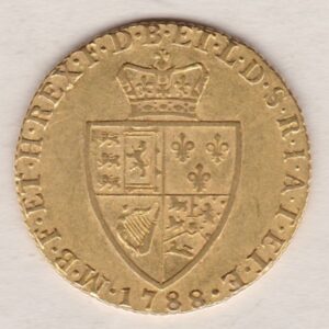 1788 Gold Guinea Coin featuring the fifth laureate head portrait of King George III on the obverse. The spade-shaped shield design is on the reverse.