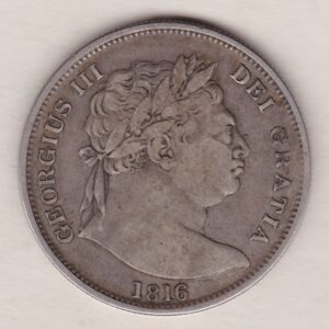 1816 Silver Halfcrown coin with King George III on the Obverse. The reverse features a a crowned Garter and ornate Royal shield of arms.