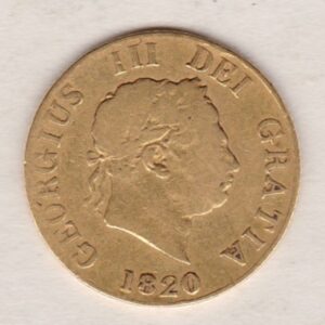 1820 Gold Half Sovereign Coin featuring King George III on the Obverse and the shield design on the Reverse. The coin has been used.