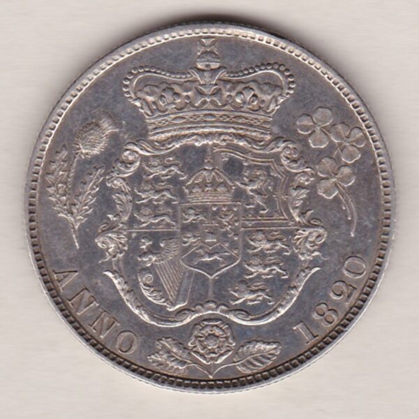 1820 Silver Halfcrown coin with King George IV on the Obverse. The reverse features the first crowned and Mantled shield of arms.