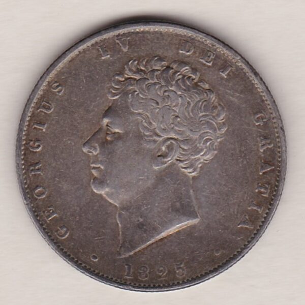 1825 Silver Halfcrown coin with King George IV on the Obverse. A crowned and mantled shield of arms over a banner, with legend around. on the reverse.