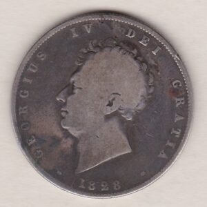 1828 Silver Halfcrown coin with King George IV on the Obverse. A crowned and mantled shield of arms over a banner, with legend around. on the reverse.