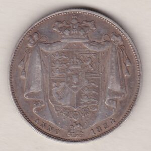 1834 Silver Halfcrown coin with King William IV on the Obverse. A crowned and mantled shield of arms, with date below on the reverse.