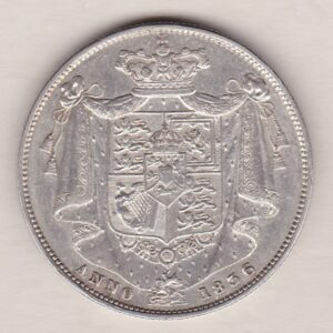 1836 Silver Halfcrown coin with King William IV on the Obverse. A crowned and mantled shield of arms, with date below on the reverse.