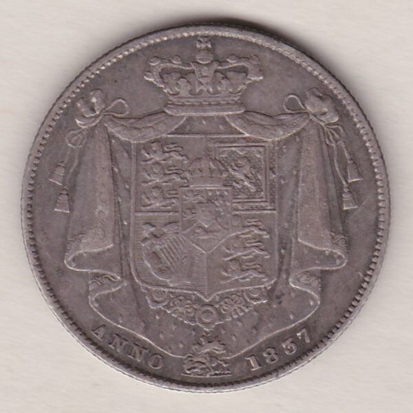 1837 Silver Halfcrown coin with King William IV on the Obverse. A crowned and mantled shield of arms, with date below on the reverse.