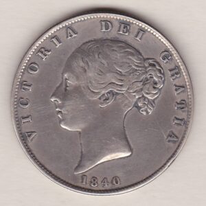 1840 Silver Halfcrown coin with young head Queen Victoria on the Obverse. Crowned square shield with laurel branches on the Reverse.