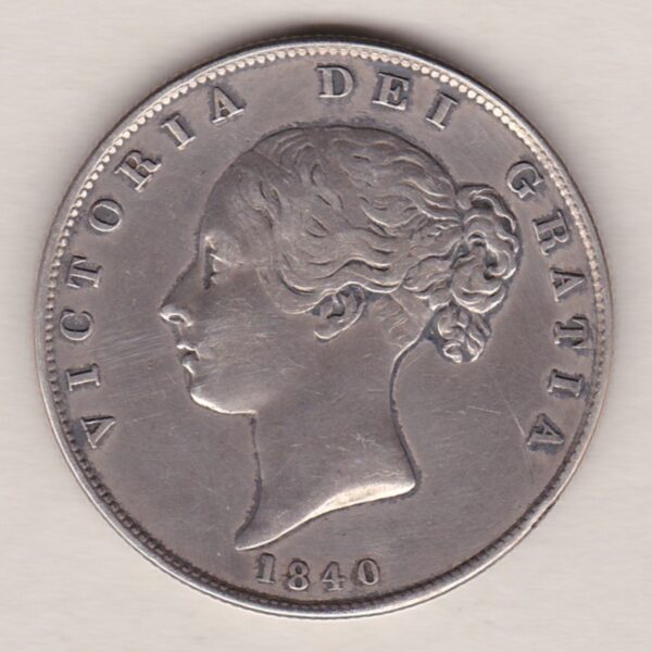 1840 Silver Halfcrown coin with young head Queen Victoria on the Obverse. Crowned square shield with laurel branches on the Reverse.