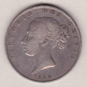 1842 Silver Halfcrown coin with young head Queen Victoria on the Obverse. Crowned square shield with laurel branches on the Reverse.