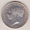 1844 Silver Halfcrown coin with young head Queen Victoria on the Obverse. Crowned square shield with laurel branches on the Reverse.