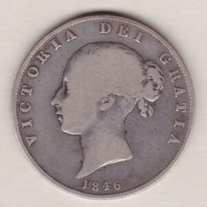 1846 Silver Halfcrown coin with young head Queen Victoria on the Obverse. Crowned square shield with laurel branches on the Reverse.