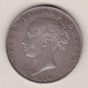 1850 Silver Halfcrown coin with young head Queen Victoria on the Obverse. Crowned square shield with laurel branches on the Reverse.