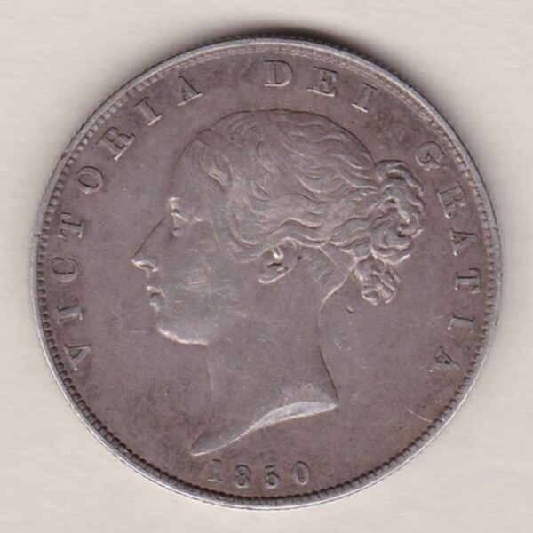 1850 Silver Halfcrown coin with young head Queen Victoria on the Obverse. Crowned square shield with laurel branches on the Reverse.