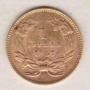 1857 USA Gold Dollar coin. This coin was struck in Philadelphia, the Indian head design on the Obverse. The date on the Reverse.