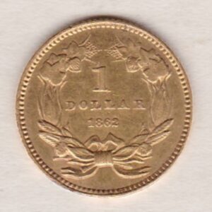 1862 USA Gold Dollar coin. This coin was struck in Philadelphia, the Indian head design on the Obverse. The date on the Reverse.