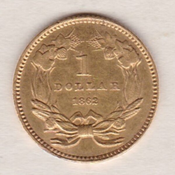 1862 USA Gold Dollar coin. This coin was struck in Philadelphia, the Indian head design on the Obverse. The date on the Reverse.