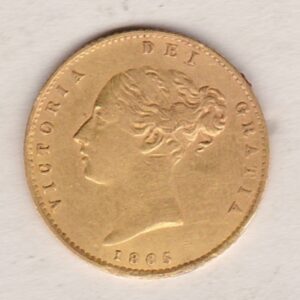 1865 Gold Half Sovereign Coin featuring Queen Victoria Young Head on the Obverse and the shield design on the Reverse with die number 15.