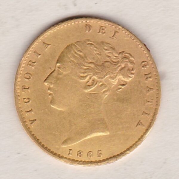 1865 Gold Half Sovereign Coin featuring Queen Victoria Young Head on the Obverse and the shield design on the Reverse with die number 15.