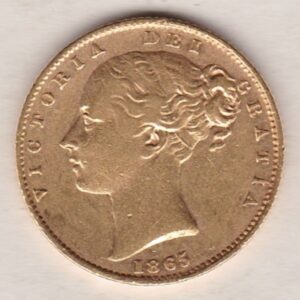 1865 Gold Sovereign Coin. Die number 18. The coin features a young head queen Victoria on the Obverse and the collectable shield design on the Reverse.