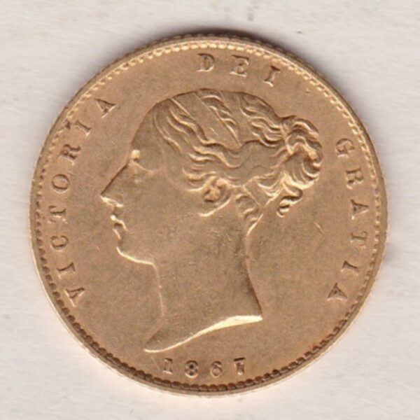 1867 Gold Half Sovereign Coin featuring Queen Victoria Young Head on the Obverse and the shield design on the Reverse with die number 10.