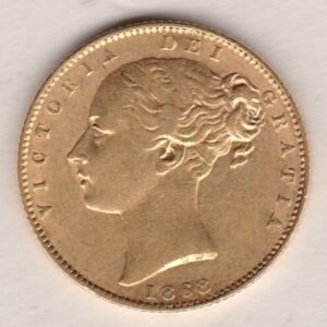 1868 Gold Sovereign Coin. Die number 33. The coin features a young head queen Victoria on the Obverse and the collectable shield design on the Reverse.