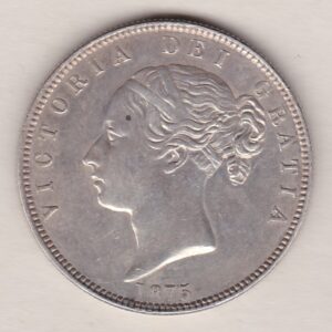 1875 Silver Halfcrown coin with young head Queen Victoria on the Obverse. Crowned square shield with laurel branches on the Reverse.