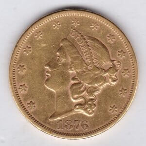 1876 S USA Twenty Dollars coin featuring the Lady Liberty on the Obverse. The eagle with a shield on its chest completes the Reverse.
