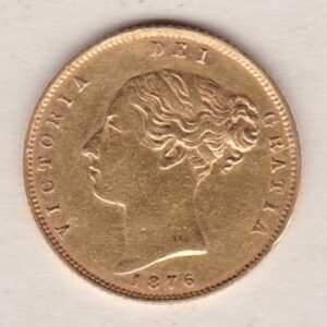 1876 Gold Half Sovereign Coin featuring Queen Victoria Young Head on the Obverse and the shield design on the Reverse with die number 51.