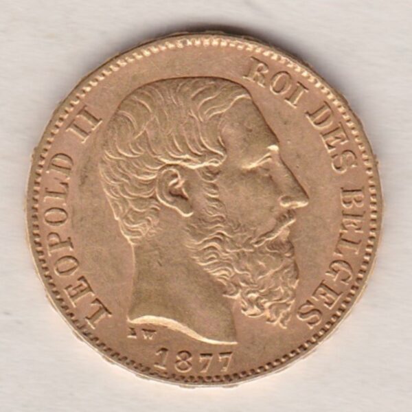 1877 Belgium France Gold Twenty Francs coin. featuring King Leopold II on the obverse. The coat of arms of Belgium on the reverse.