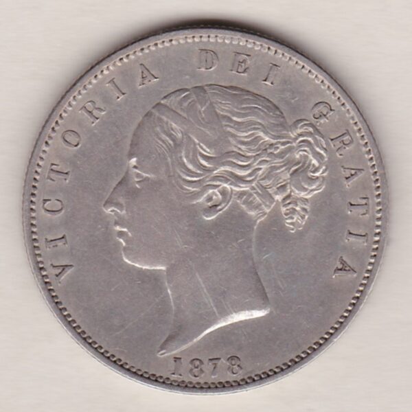 1878 Silver Halfcrown coin with young head Queen Victoria on the Obverse. Crowned square shield with laurel branches on the Reverse.