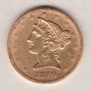 1880 USA Gold Five Dollars coin featuring the Coronet head design on the Obverse. The eagle on the Reverse. Philadelphia mint.