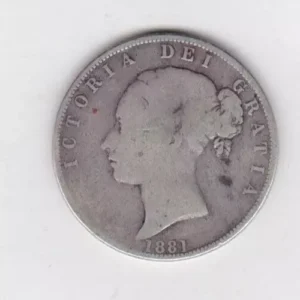 1881 Silver Halfcrown coin with young head Queen Victoria on the Obverse. Crowned square shield with laurel branches on the Reverse.