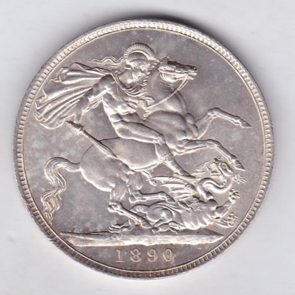 1890 Silver Crown Coin featuring Queen Victoria Jubilee head on the Obverse and the St George & dragon design on the reverse.