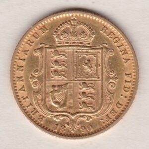 1890 Gold Half Sovereign Coin featuring Queen Victoria Jubilee Head on the Obverse and the shield design on the Reverse. GVF condition.