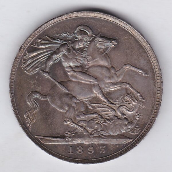 1893 LVI Silver Crown Coin featuring Queen Victoria old head or vailed head on the Obverse and the St George & dragon design on the reverse.