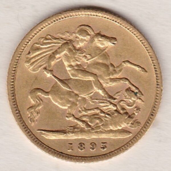 1895 Gold Half Sovereign Coin featuring Queen Victoria Old Head on the Obverse and George & the Dragon on the Reverse in a plastic coin envelope.